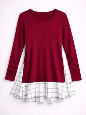 NWT Beeson River Women's Burgundy Long Sleeve Pocketed Tunic w/ Plaid Ruffle Hem